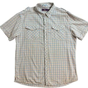 Akoo Stone Mountain Plaid Button Down Shirt Mens 2XL Blue Orange Short Sleeve
